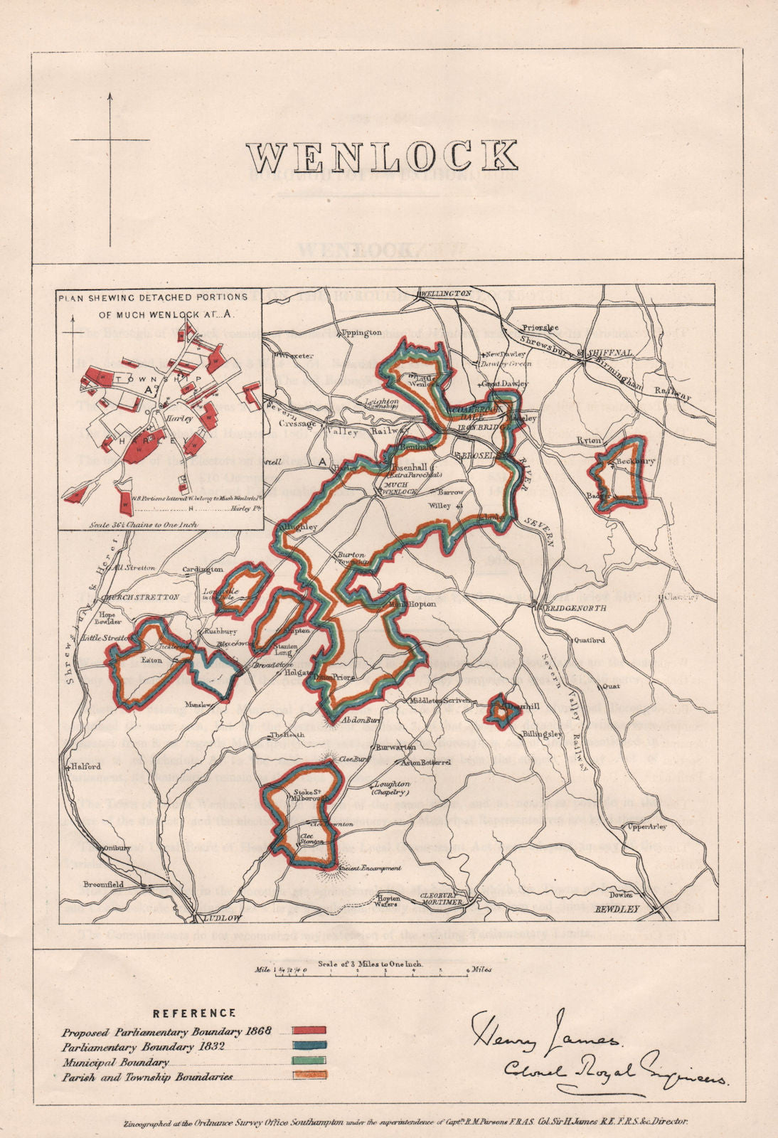 Much Wenlock. JAMES. PARLIAMENTARY BOUNDARY COMMISSION 1868 old antique map
